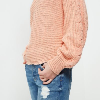 Petite coral ribbed knit cross sleeve jumper